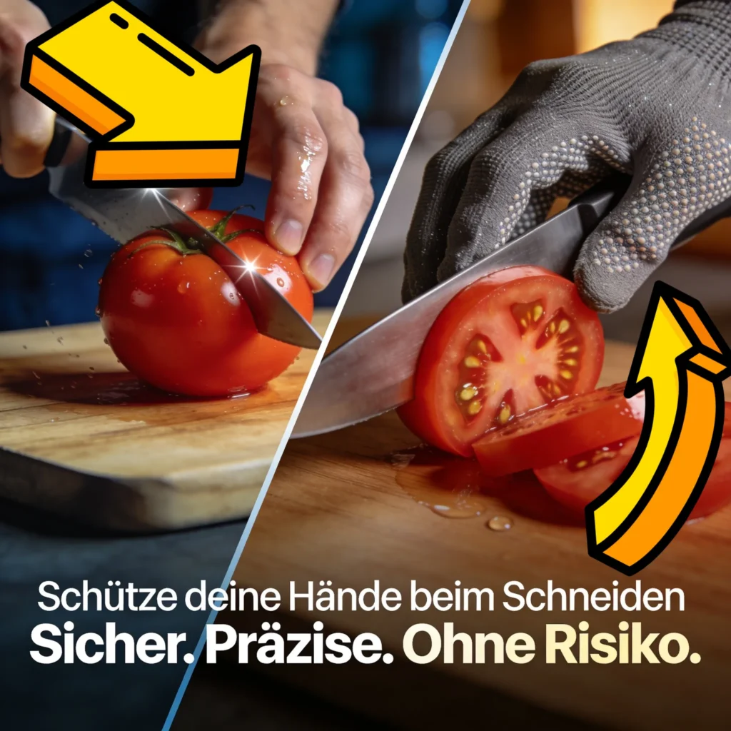 Eine Person schneidet eine Tomate mit einem Messer, wobei zwei Methoden gezeigt werden: die eine ist mit bloßen Händen unsicher, die andere ist mit schnittfesten Handschuhen sicherer. Der deutsche Text mahnt zum Schutz der Hände beim Schneiden.